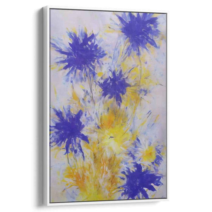 Electric Petal Dance: Energetic Blue and Yellow Abstract Floral Canvas Art