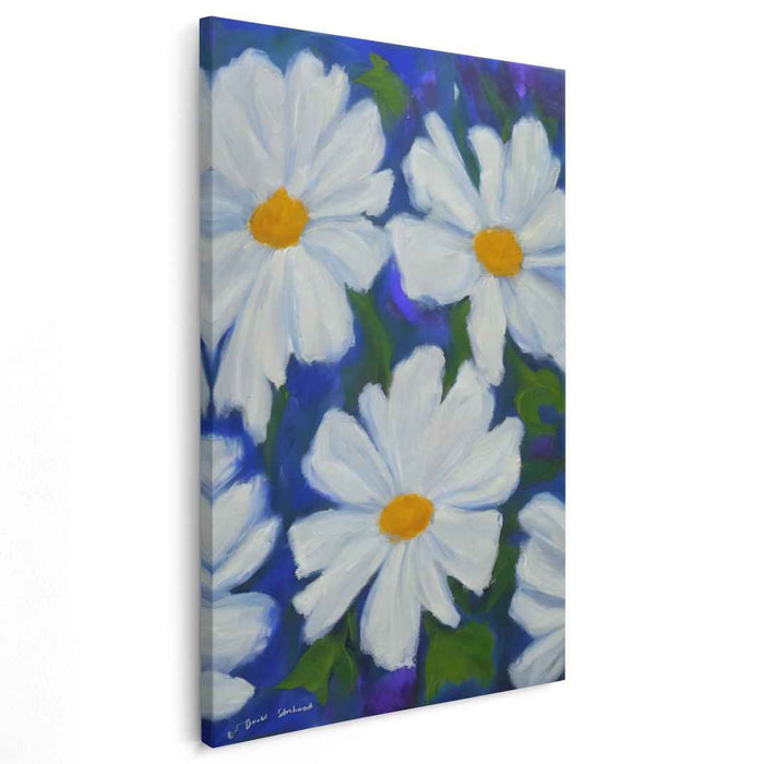 Whispers of Arctic Blooms: Vibrant White Daisies on Blue Canvas Art Print