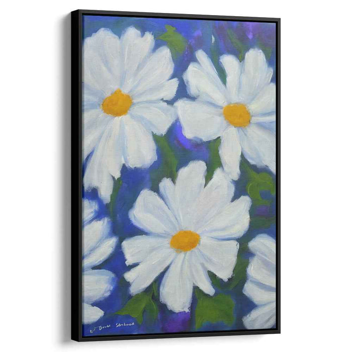 Whispers of Arctic Blooms: Vibrant White Daisies on Blue Canvas Art Print