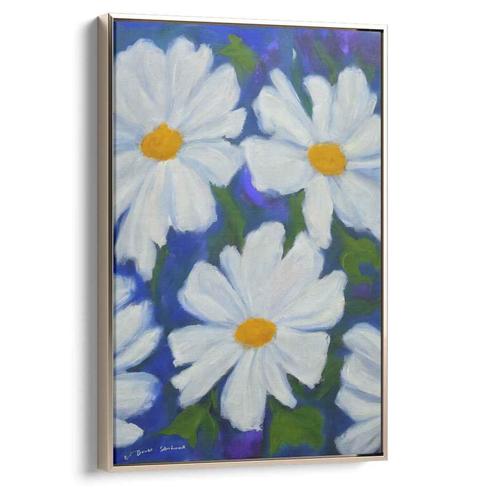 Whispers of Arctic Blooms: Vibrant White Daisies on Blue Canvas Art Print