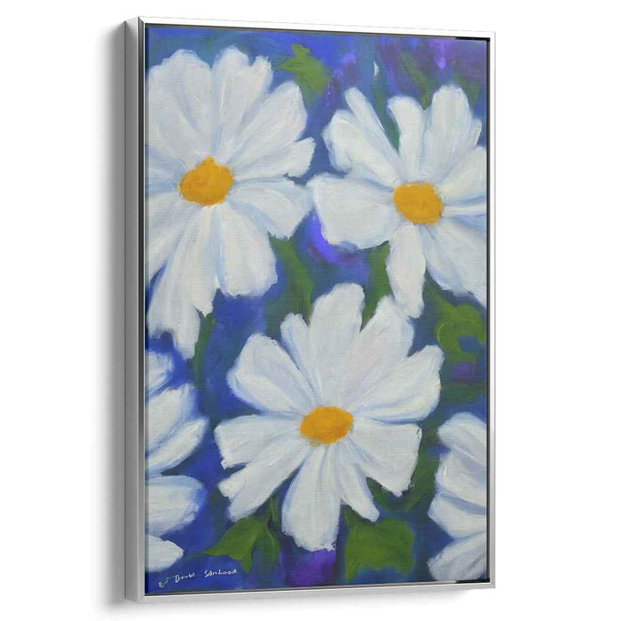 Whispers of Arctic Blooms: Vibrant White Daisies on Blue Canvas Art Print