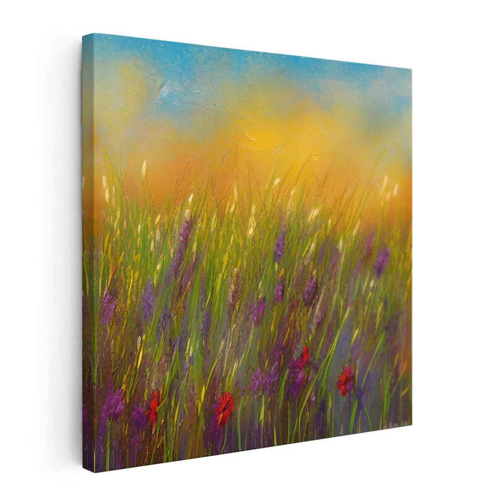 Twilight Meadow: Sunset Wildflowers Landscape Canvas Art Print