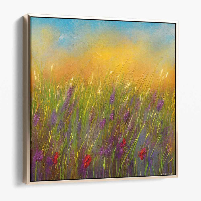 Twilight Meadow: Sunset Wildflowers Landscape Canvas Art Print