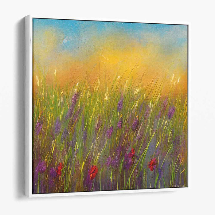 Twilight Meadow: Sunset Wildflowers Landscape Canvas Art Print