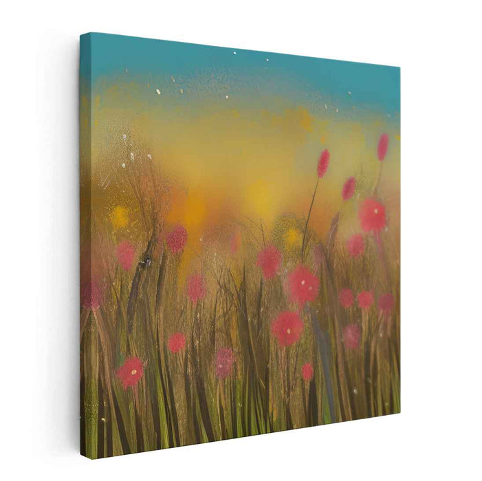 Dusk's Whispering Meadow: Sunset Glow with Wildflowers Canvas Art Print