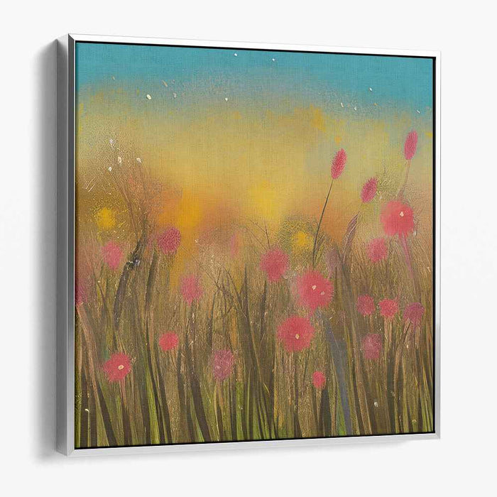 Dusk's Whispering Meadow: Sunset Glow with Wildflowers Canvas Art Print