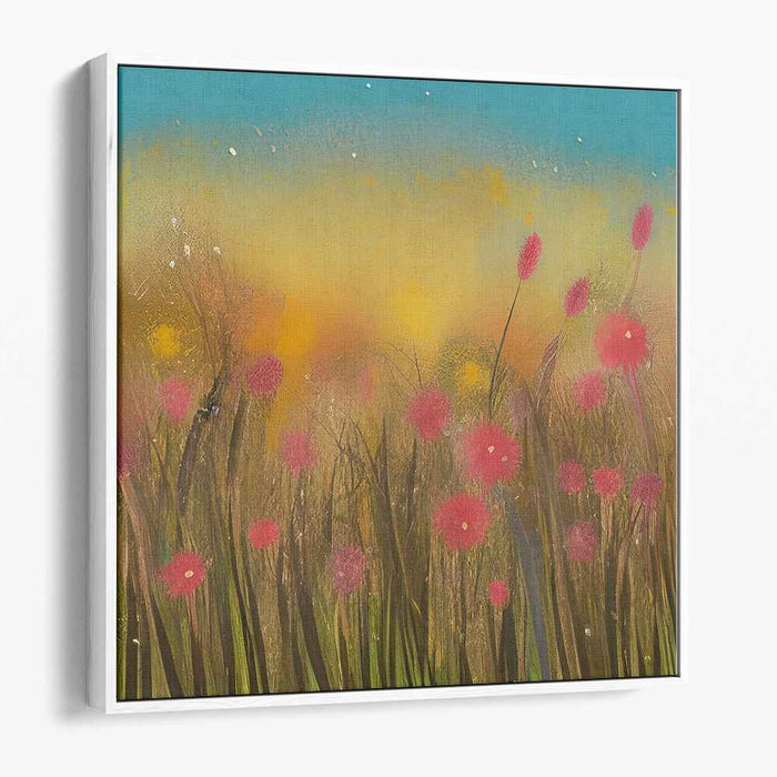 Dusk's Whispering Meadow: Sunset Glow with Wildflowers Canvas Art Print