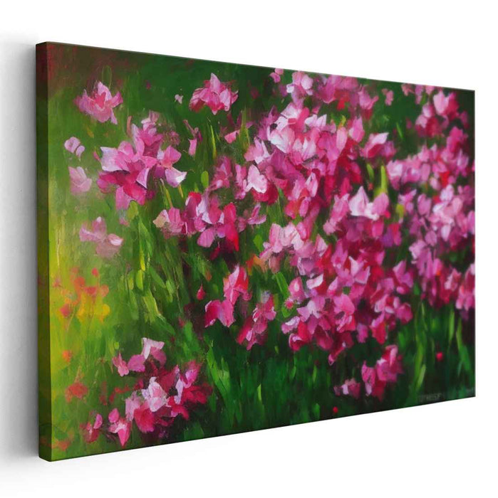 Floral Symphony in Pink and Green: Impressionist-Inspired Floral Canvas Art