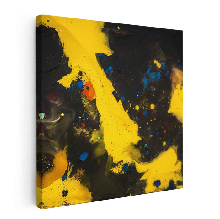 Golden Ochre Chaos Whispers: Abstract Expressionist Yellow and Black Canvas Art Print
