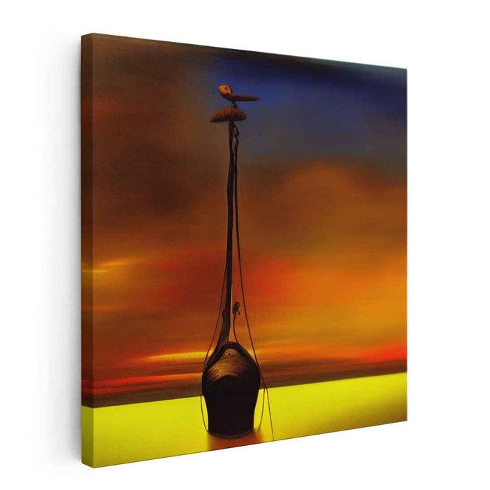 Whimsy Voyage: Dreamlike Sunset with Pelican and Boat Canvas Art Print