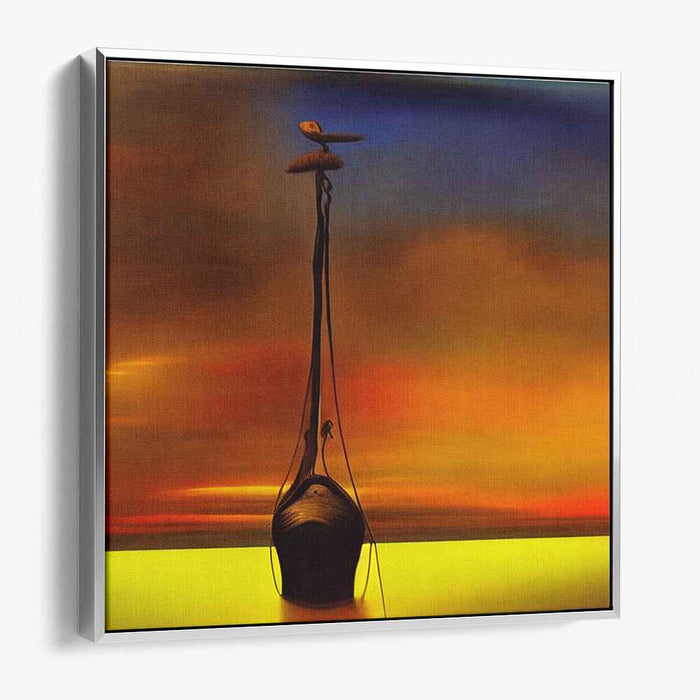 Whimsy Voyage: Dreamlike Sunset with Pelican and Boat Canvas Art Print