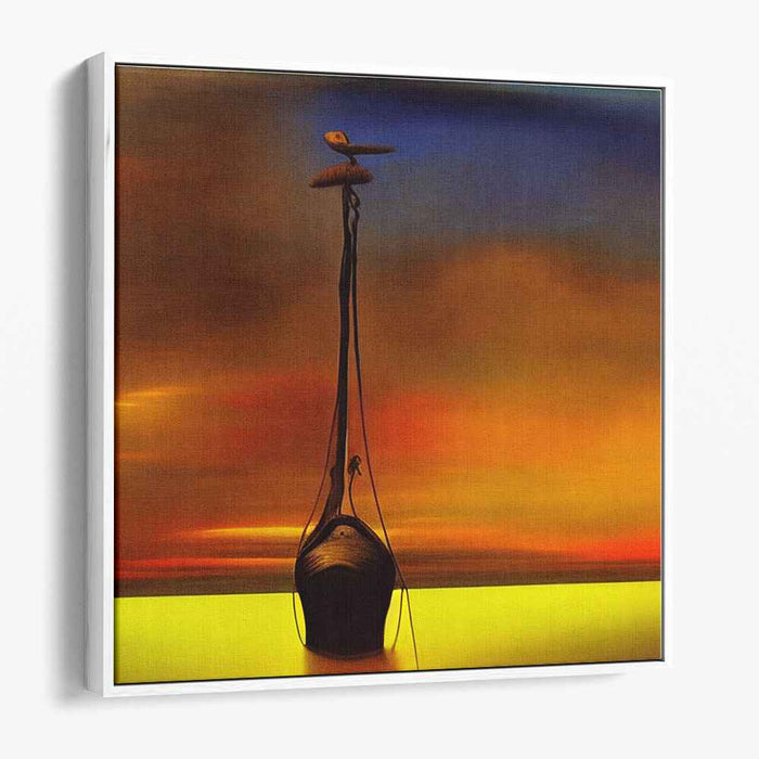 Whimsy Voyage: Dreamlike Sunset with Pelican and Boat Canvas Art Print