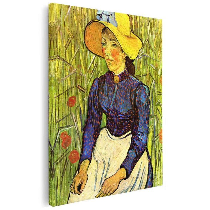 Young Peasant Girl in a Straw Hat sitting in front of a wheatfield (1890) by Vincent van Gogh