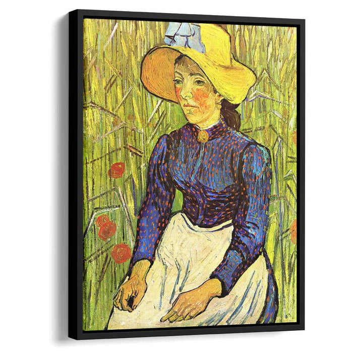 Young Peasant Girl in a Straw Hat sitting in front of a wheatfield (1890) by Vincent van Gogh