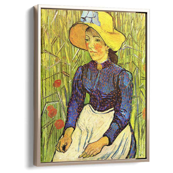 Young Peasant Girl in a Straw Hat sitting in front of a wheatfield (1890) by Vincent van Gogh