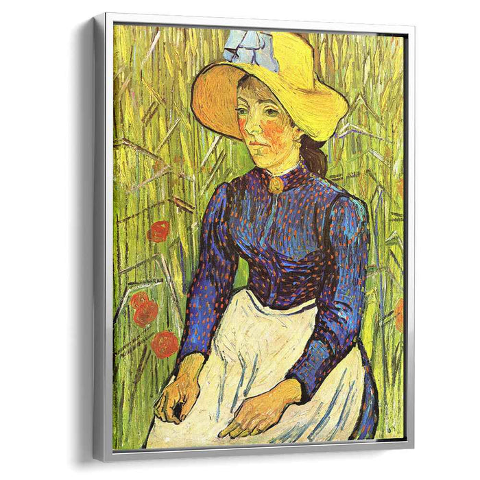 Young Peasant Girl in a Straw Hat sitting in front of a wheatfield (1890) by Vincent van Gogh
