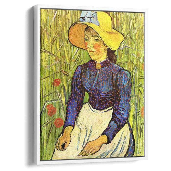 Young Peasant Girl in a Straw Hat sitting in front of a wheatfield (1890) by Vincent van Gogh