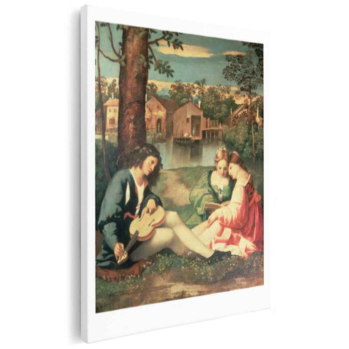 Youth with a guitar and two girls sitting on a river bank by Giorgione