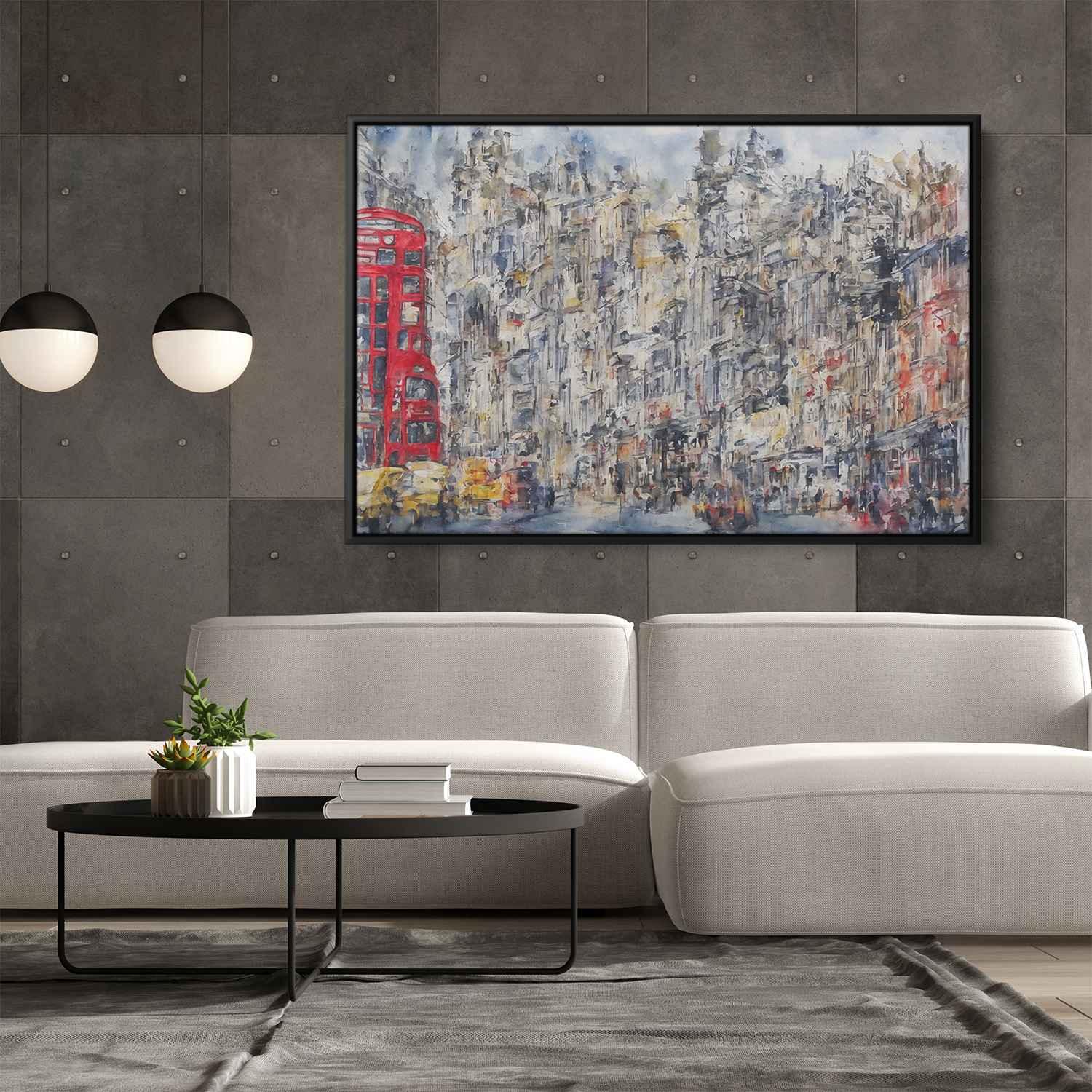 Urban Symphony II: Abstract Cityscape with Red Double-Decker Bus