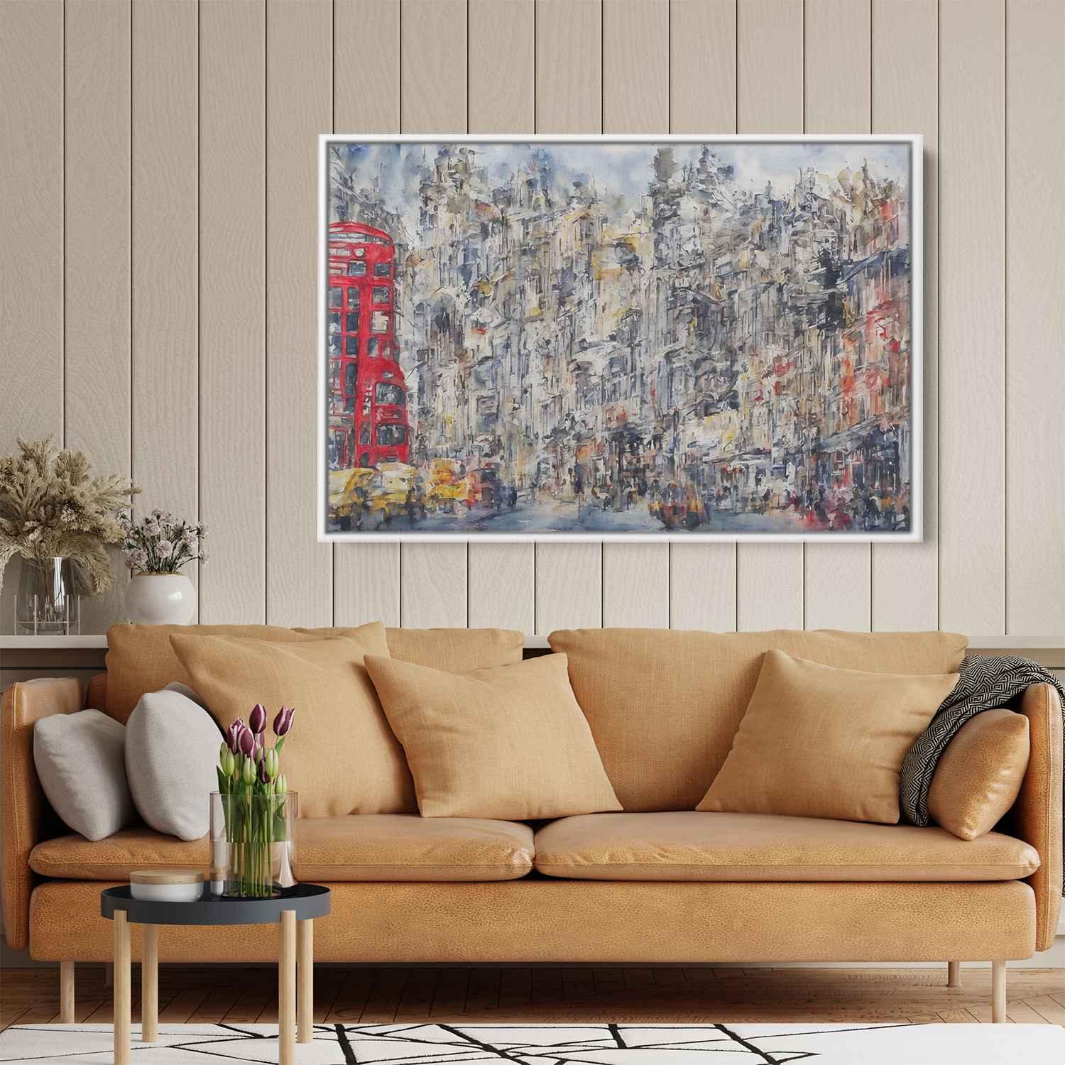 Urban Symphony II: Abstract Cityscape with Red Double-Decker Bus