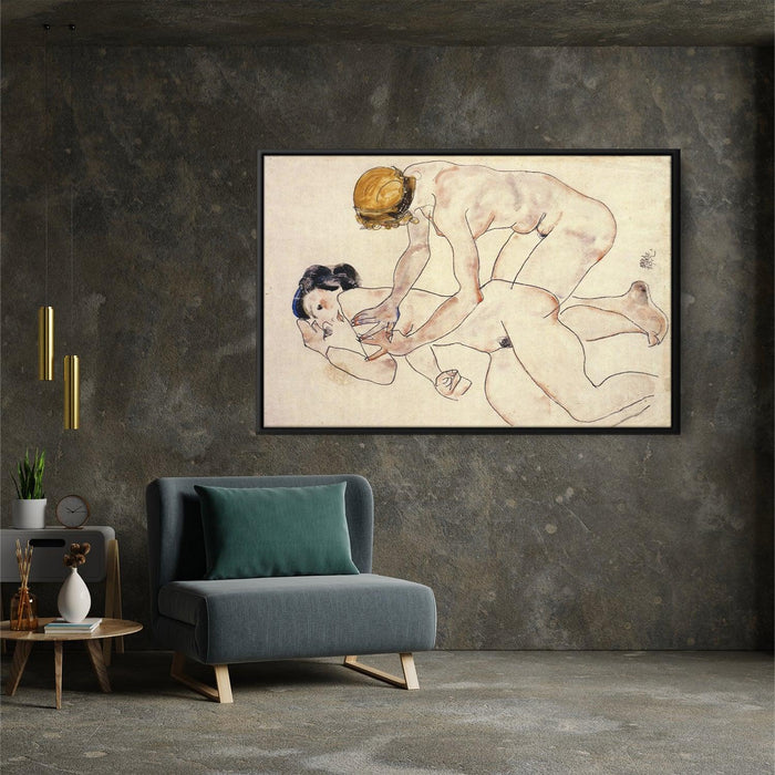 Two Female Nudes, One Reclining, One Kneeling by Egon Schiele - Canvas Artwork