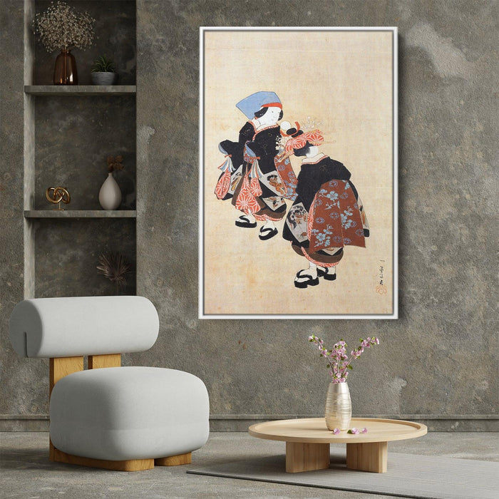 Two Kamuro waiting for a courtesan by Utagawa Kuniyoshi - Canvas Artwork