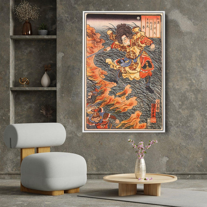 Yamamoto Takeru no Mikoto between burning grass by Utagawa Kuniyoshi - Canvas Artwork