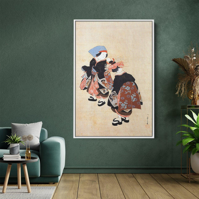 Two Kamuro waiting for a courtesan by Utagawa Kuniyoshi - Canvas Artwork