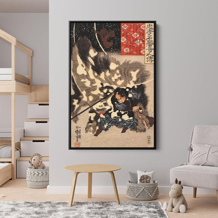 Yamamoto Kansuke fighting a giant boar by Utagawa Kuniyoshi - Canvas Artwork
