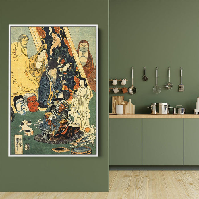 Sculptor Jingoro surrounded by statues by Utagawa Kuniyoshi - Canvas Artwork