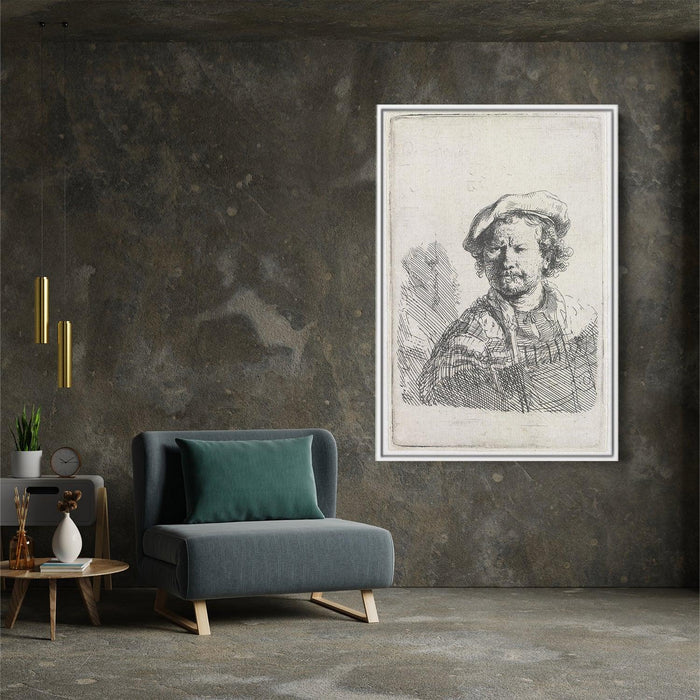 Self-portrait in a flat cap and embroidered dress by Rembrandt - Canvas Artwork